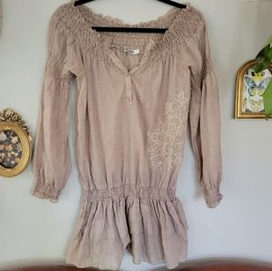 Boho neutral ruched ruffle top embroidered floral Renaissance off shoulder